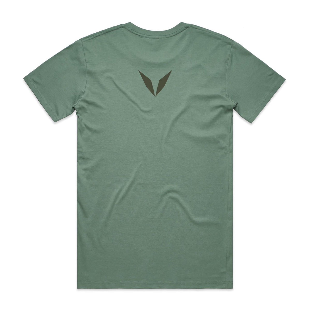 Back of the sage Voltare Ritual Green Tea T-shirt with a small olive-toned Voltare V logo at the upper back.