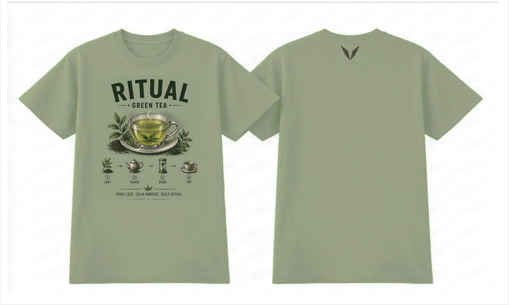 Front and back views of the sage Voltare Ritual Green Tea T-shirt, with engraved green tea artwork and a small olive-toned Voltare V logo on the upper back.