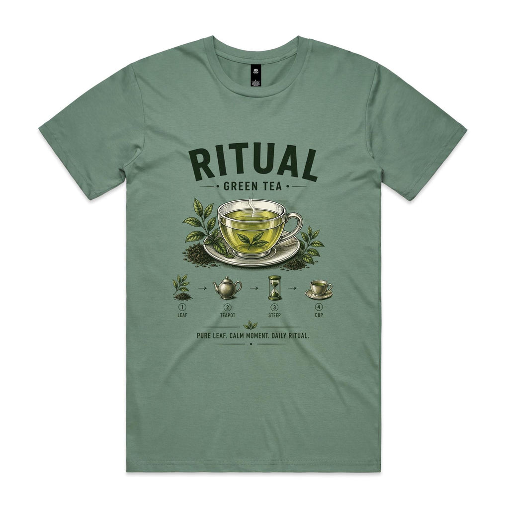 Front of the sage Voltare Ritual Green Tea T-shirt with an engraved glass cup of green tea and the four-step leaf, teapot, steep, cup method.