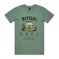 Front of the sage Voltare Ritual Green Tea T-shirt with an engraved glass cup of green tea and the four-step leaf, teapot, steep, cup method.
