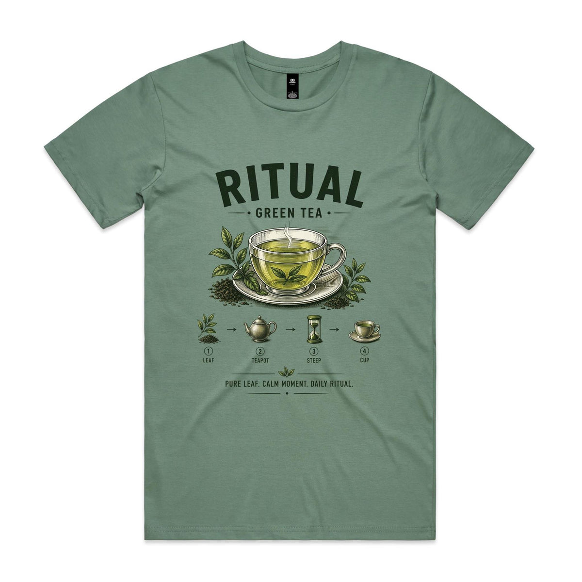 Front of the sage Voltare Ritual Green Tea T-shirt with an engraved glass cup of green tea and the four-step leaf, teapot, steep, cup method.