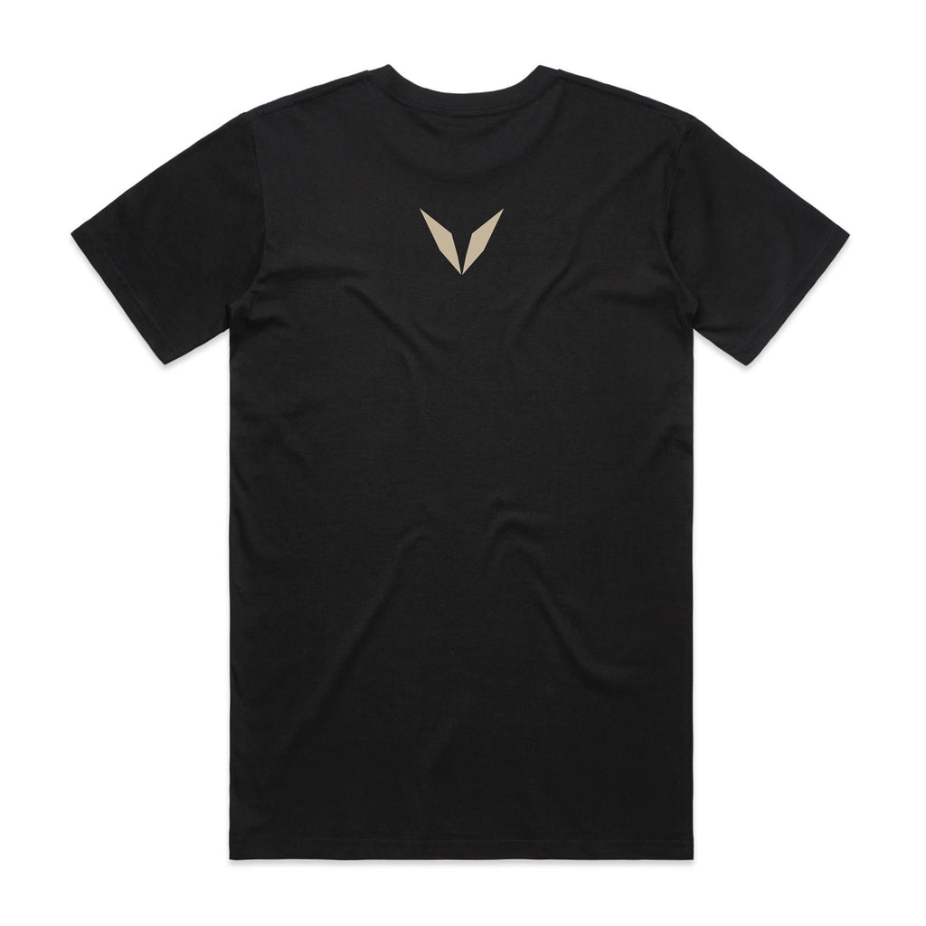 Back of the black Voltare Ritual Long Black T-shirt with a small beige Voltare V logo at the upper back.