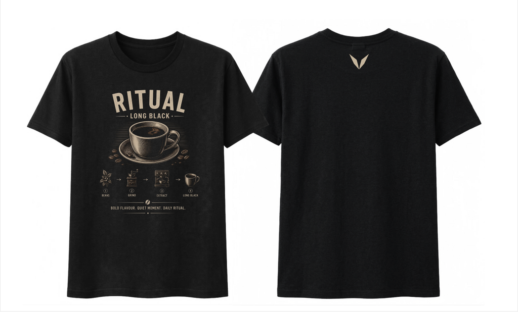 Front and back views of the black Voltare Ritual Long Black T-shirt, with cream long black artwork and a small beige Voltare V logo on the upper back.