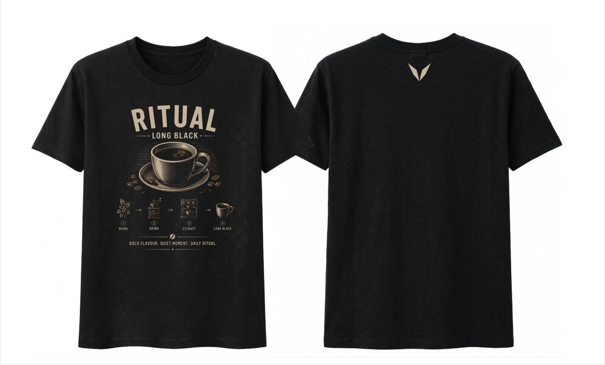 Front and back views of the black Voltare Ritual Long Black T-shirt, with cream long black artwork and a small beige Voltare V logo on the upper back.