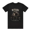 Front of the black Voltare Ritual Long Black T-shirt with a cream engraved coffee cup and the four-step beans, grind, extract, long black method.
