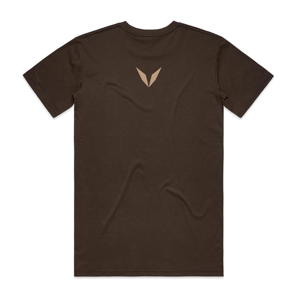 Back of the dark chocolate Voltare Ritual Mocha T-shirt with a small tan Voltare V logo at the upper back.