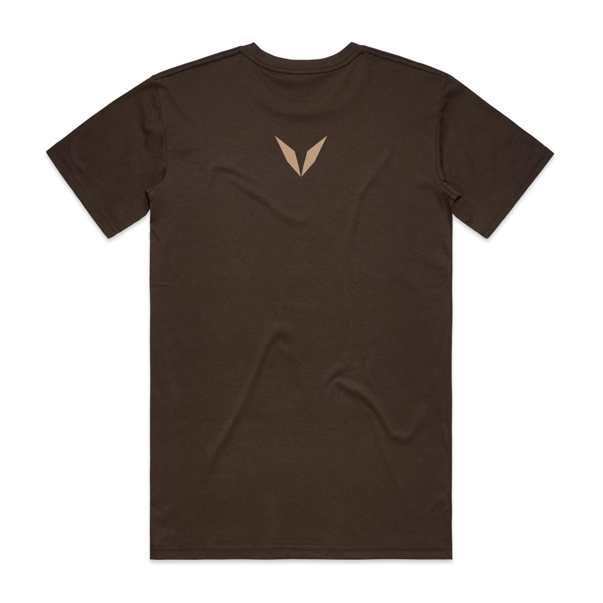 Back of the dark chocolate Voltare Ritual Mocha T-shirt with a small tan Voltare V logo at the upper back.