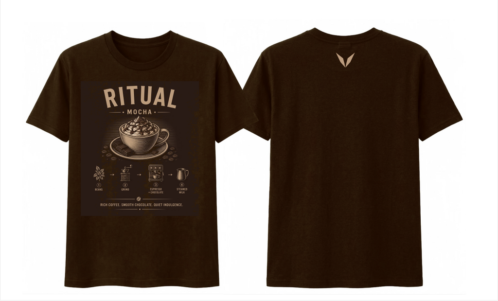 Front and back views of the dark chocolate Voltare Ritual Mocha T-shirt, with cream mocha artwork and a small tan Voltare V logo on the upper back.