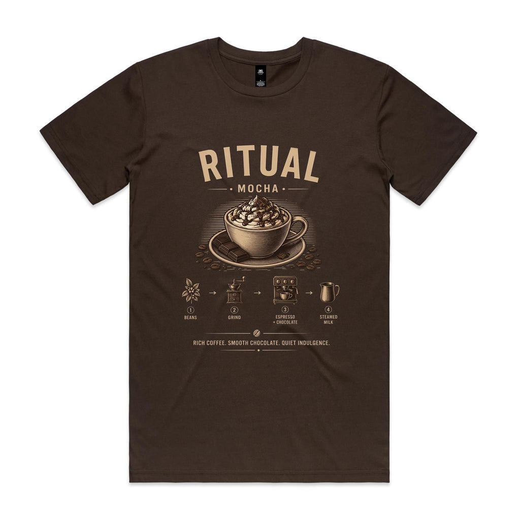 Front of the dark chocolate Voltare Ritual Mocha T-shirt with a cream engraved mocha cup topped with cream and the four-step mocha method.