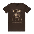 Front of the dark chocolate Voltare Ritual Mocha T-shirt with a cream engraved mocha cup topped with cream and the four-step mocha method.