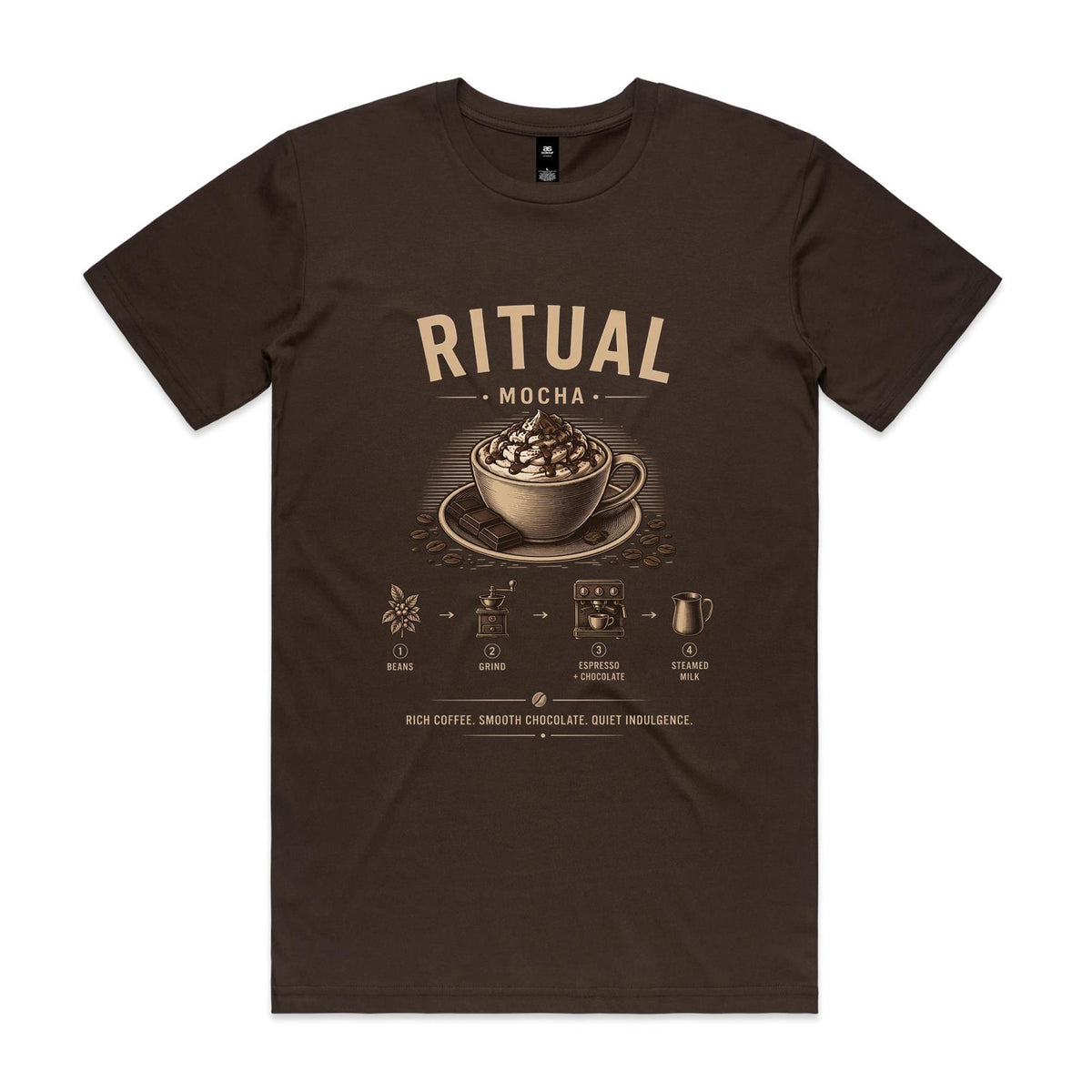 Front of the dark chocolate Voltare Ritual Mocha T-shirt with a cream engraved mocha cup topped with cream and the four-step mocha method.