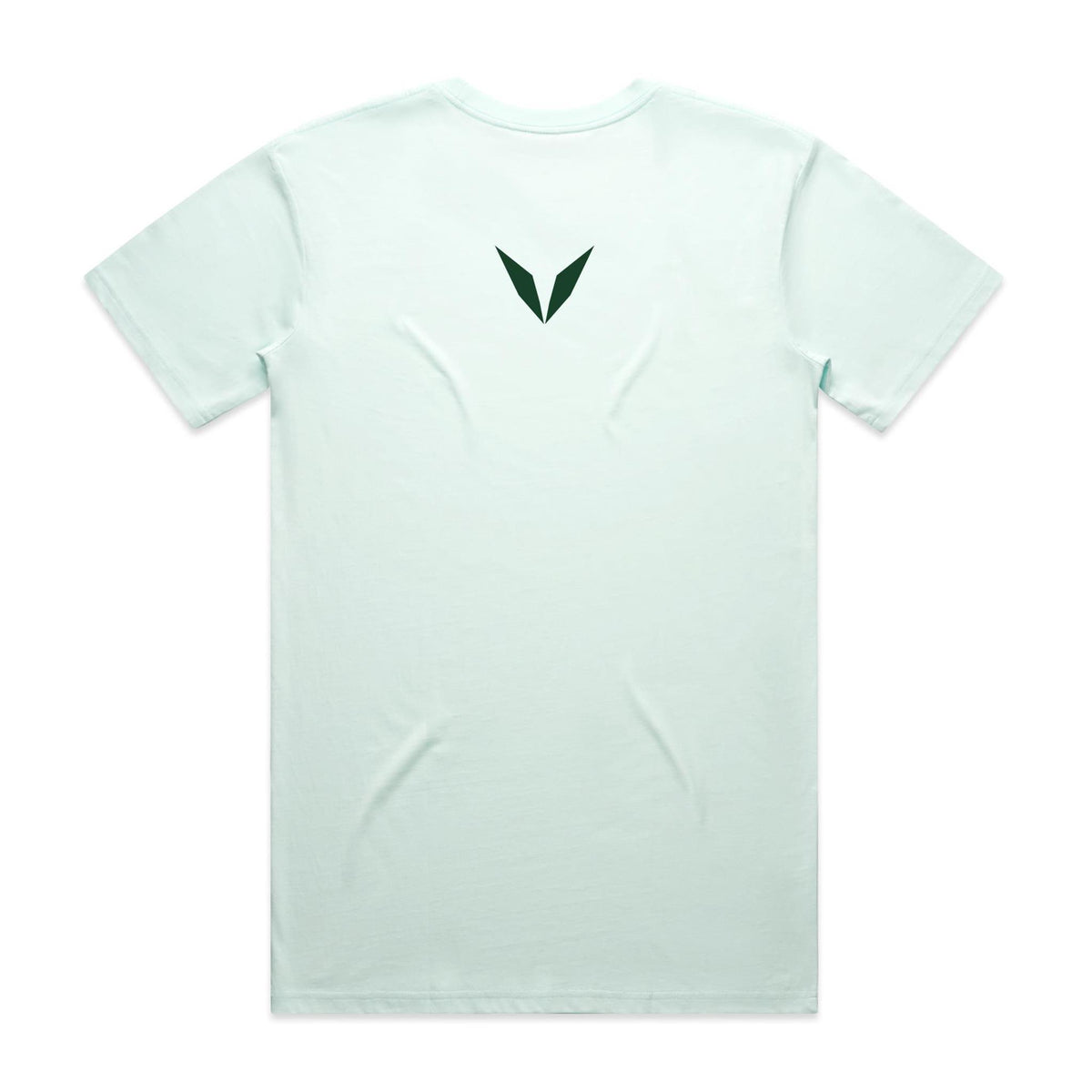 Back of the seafoam Voltare Ritual Peppermint T-shirt with a small dark Voltare V logo at the upper back.