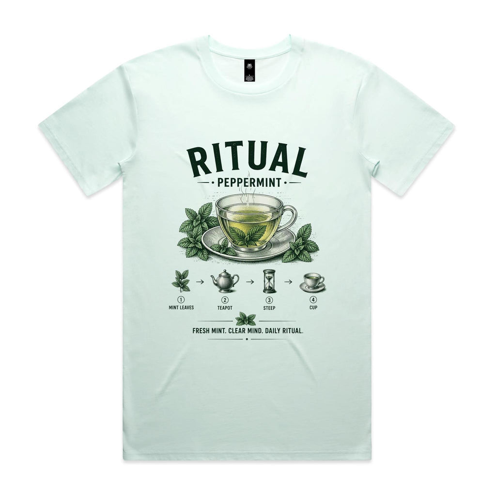 Front of the seafoam Voltare Ritual Peppermint T-shirt with an engraved glass cup of peppermint tea surrounded by mint sprigs and the four-step mint leaves, teapot, steep, cup method.
