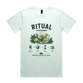 Front of the seafoam Voltare Ritual Peppermint T-shirt with an engraved glass cup of peppermint tea surrounded by mint sprigs and the four-step mint leaves, teapot, steep, cup method.