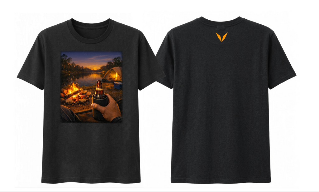 Front and back of the Black Voltare Riverside Campfire Camping tee with riverside campfire artwork and an orange back V