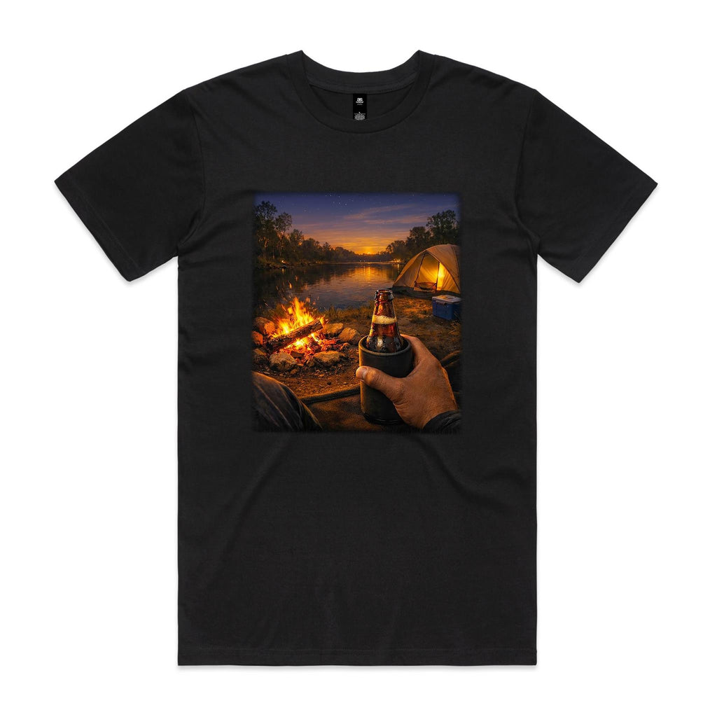 Front of the Black Voltare Riverside Campfire Camping tee with first-person campfire artwork beside a river and glowing tent at sunset