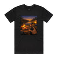 Front of the Black Voltare Riverside Campfire Camping tee with first-person campfire artwork beside a river and glowing tent at sunset