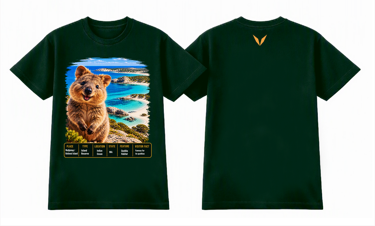 Combined front and back preview of Voltare Forest Green Rottnest Island T-shirt featuring a quokka, turquoise bays, a fact panel and gold Voltare V.