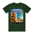 Front of Voltare Forest Green Rottnest Island T-shirt featuring a quokka, turquoise bays and a WA fact panel.