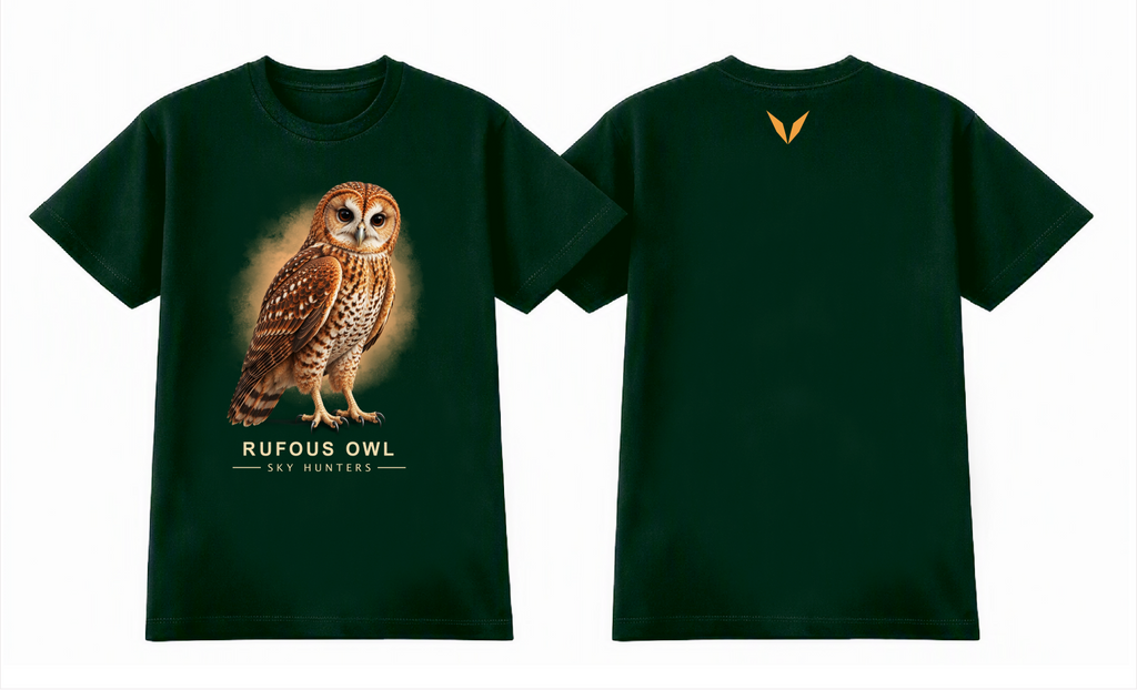 Front and back preview of the forest green Voltare Rufous Owl Sky Hunters T-shirt, with owl artwork on the front and a golden-yellow Voltare V on the back.

