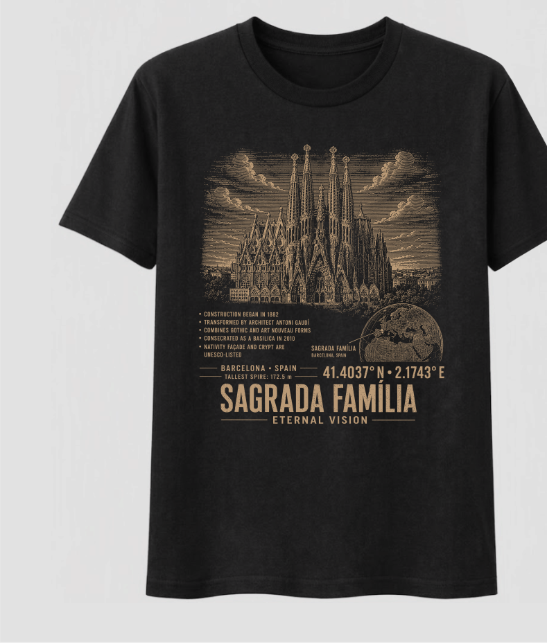 Front of the Black Voltare Sagrada Família Eternal Vision tee, featuring gold-toned basilica artwork above historical facts, a Barcelona location map, coordinates and Sagrada Família Eternal Vision lettering