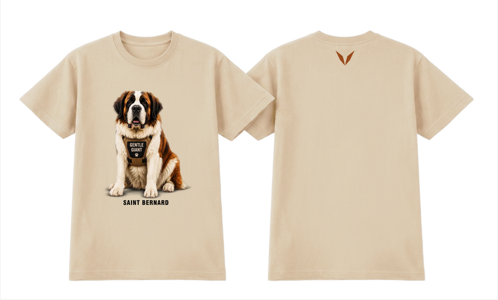 Front and back preview of the Ecru Voltare Saint Bernard Gentle Giant tee with dog artwork and a rust-brown back V