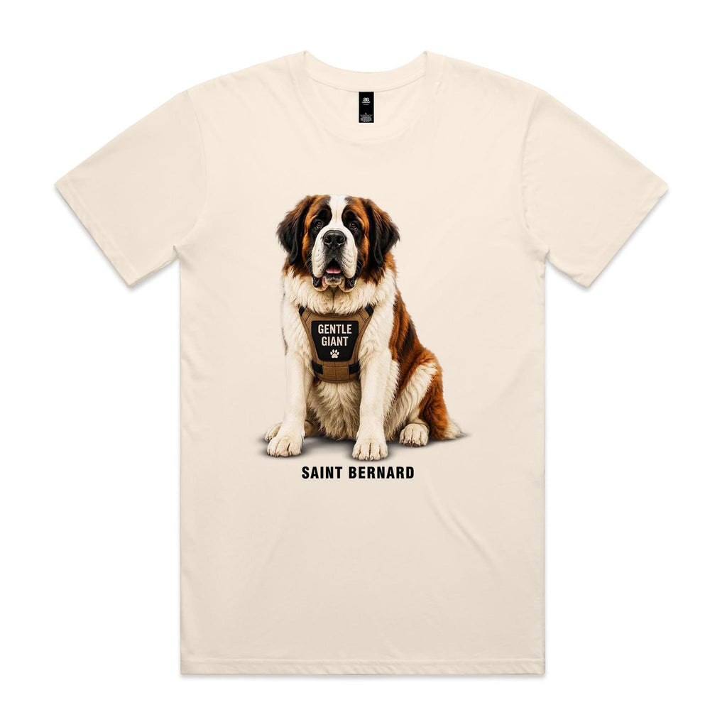 Ecru Voltare Saint Bernard tee featuring a brown, white and black dog in a tan harness with Gentle Giant wording