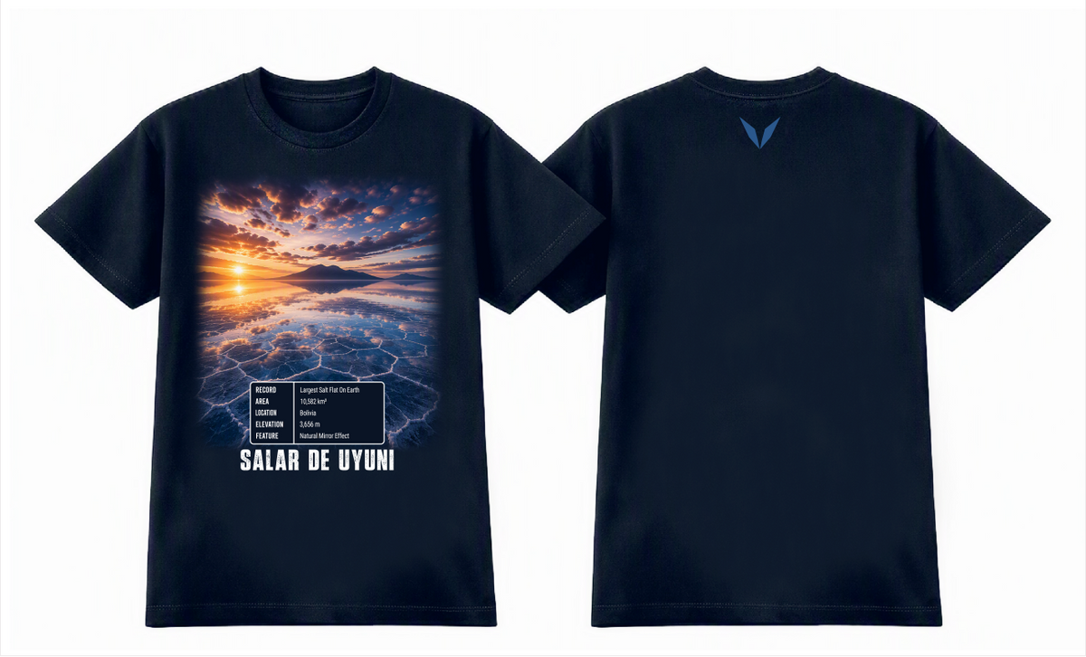 Front and back views of the Voltare Salar de Uyuni navy tee with sunset salt-flat artwork and blue Voltare V
