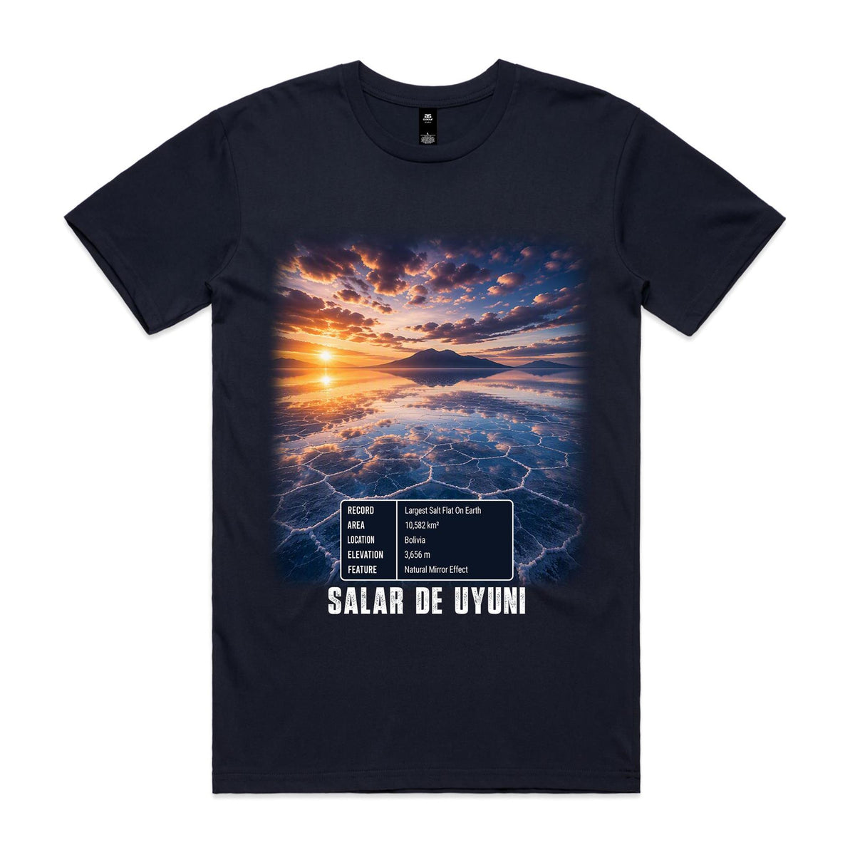 Voltare Salar de Uyuni navy tee with sunset salt-flat artwork, five-fact panel and location lettering on the front