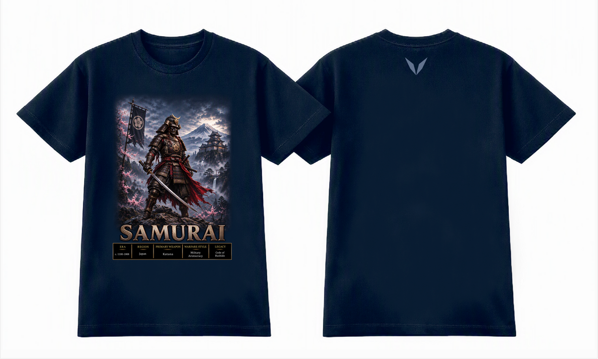 Front and back preview of the Navy Voltare Samurai tee showing katana warrior artwork, cherry blossoms and a slate-blue Voltare V