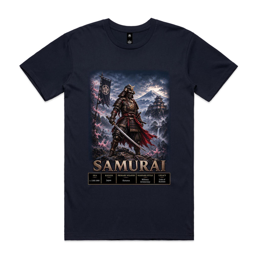 Navy Voltare Samurai tee featuring an armoured warrior with a katana, cherry blossoms, mountain and castle scenery, and historical fact panels
