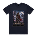 Navy Voltare Samurai tee featuring an armoured warrior with a katana, cherry blossoms, mountain and castle scenery, and historical fact panels