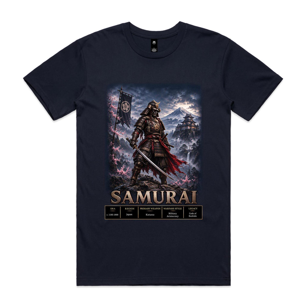 Navy Voltare Samurai tee featuring an armoured warrior with a katana, cherry blossoms, mountain and castle scenery, and historical fact panels
