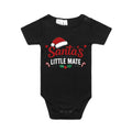 Front of the Black Voltare Santa’s Little Mate organic infant one-piece with red and white Christmas lettering, a Santa hat, candy canes and holly