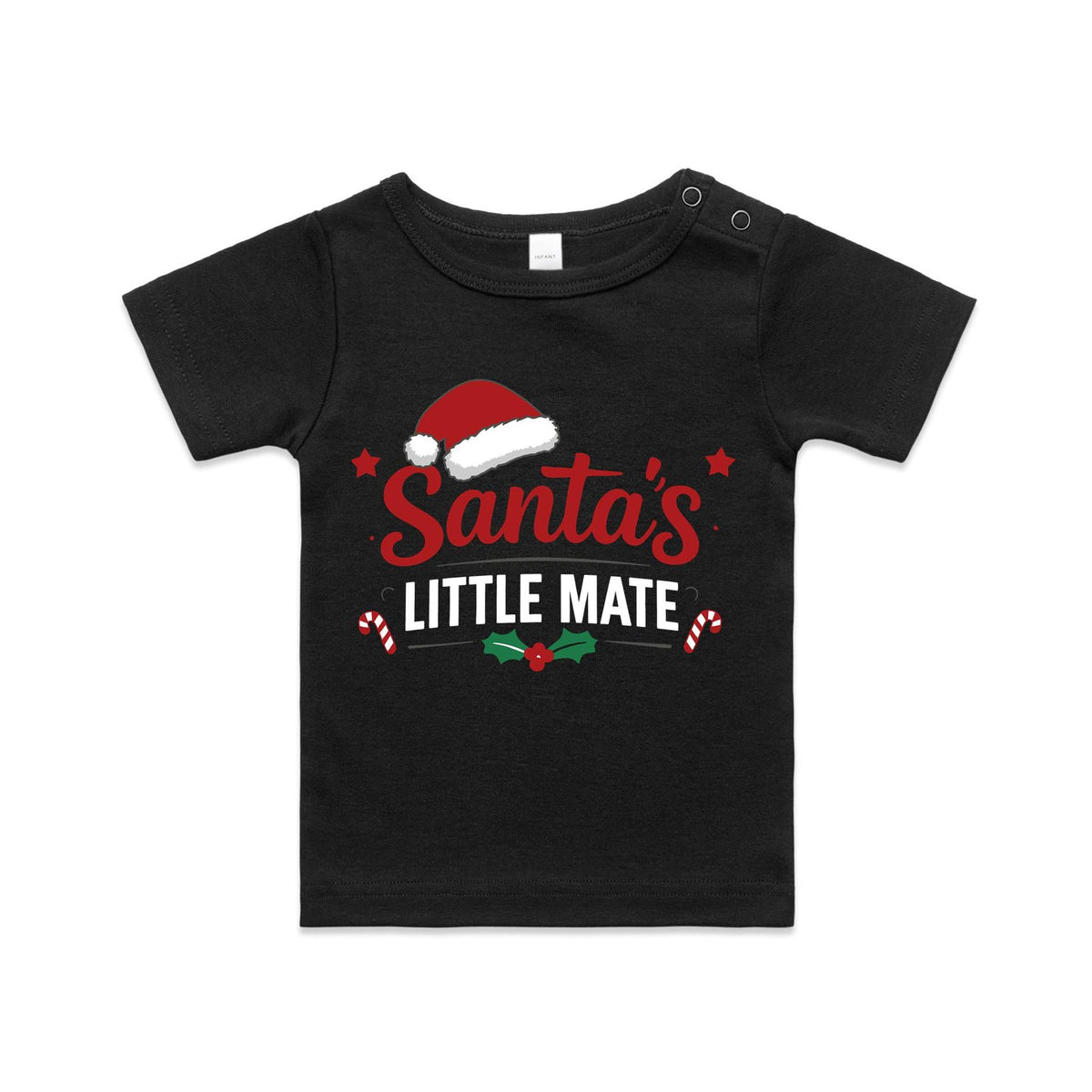 Front of the Black Voltare Santa’s Little Mate organic infant Wee Tee with red and white Christmas lettering, a Santa hat, candy canes and holly
