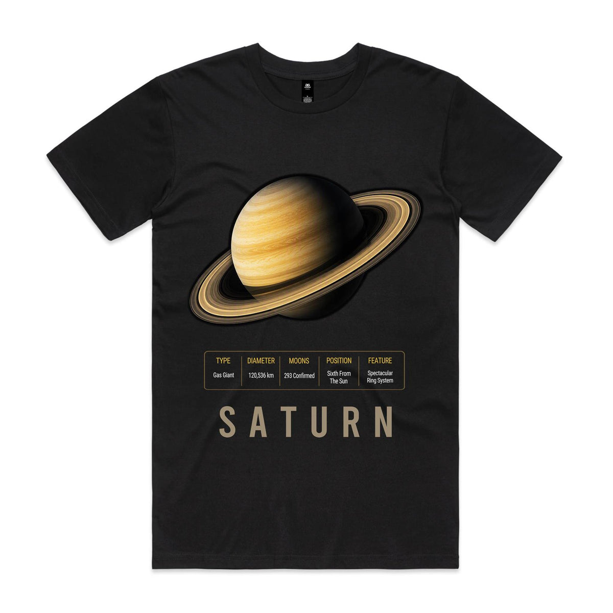 Front of Voltare Saturn black tee with golden cloud bands, sweeping layered rings, planet-facts panel and sand-gold lettering