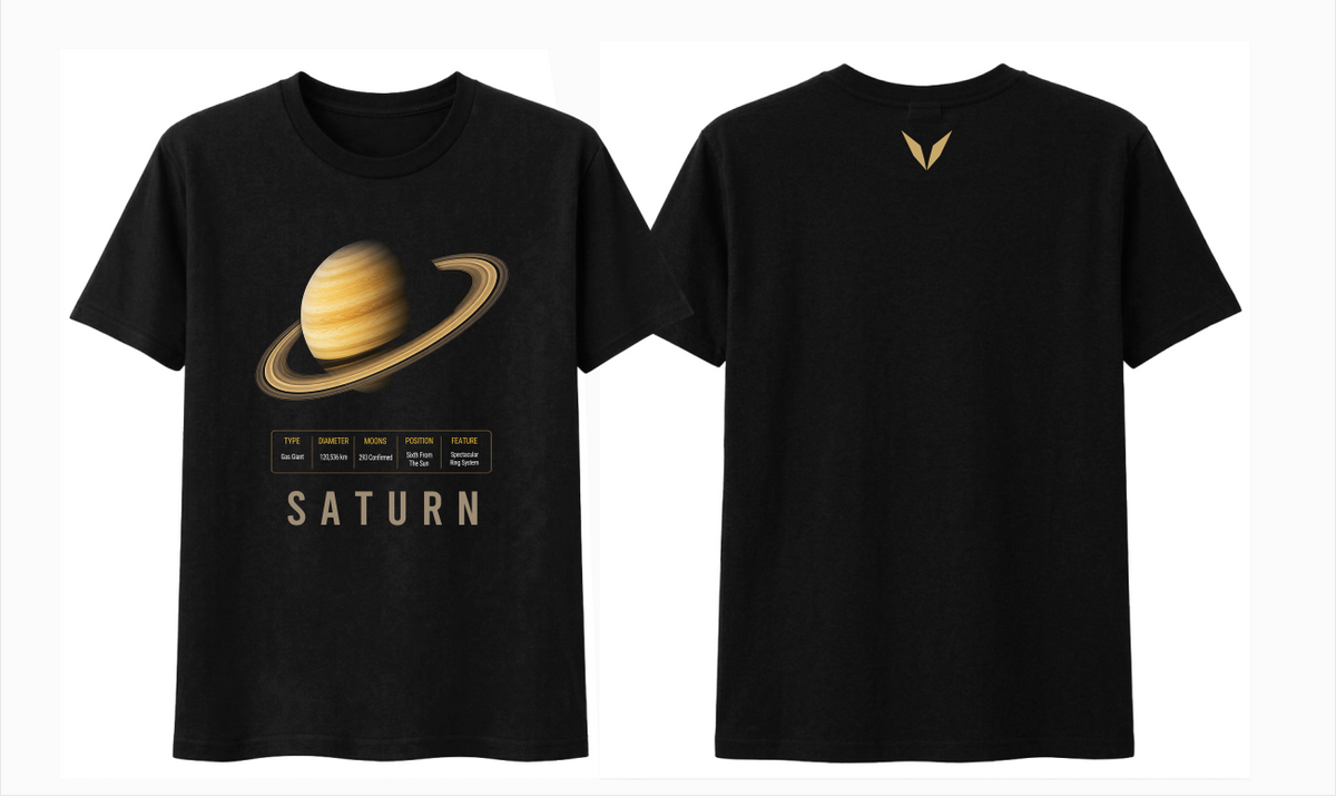 Front and back preview of Voltare Saturn black tee with golden ringed-planet artwork, planet-facts panel and muted gold Voltare V logo
