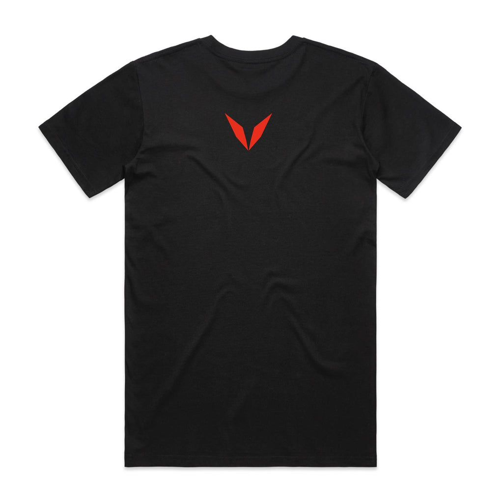 Back of the black Voltare Scarlet Macaw Colour Heroes Worldwide T-shirt with a small red Voltare V logo at the upper back.