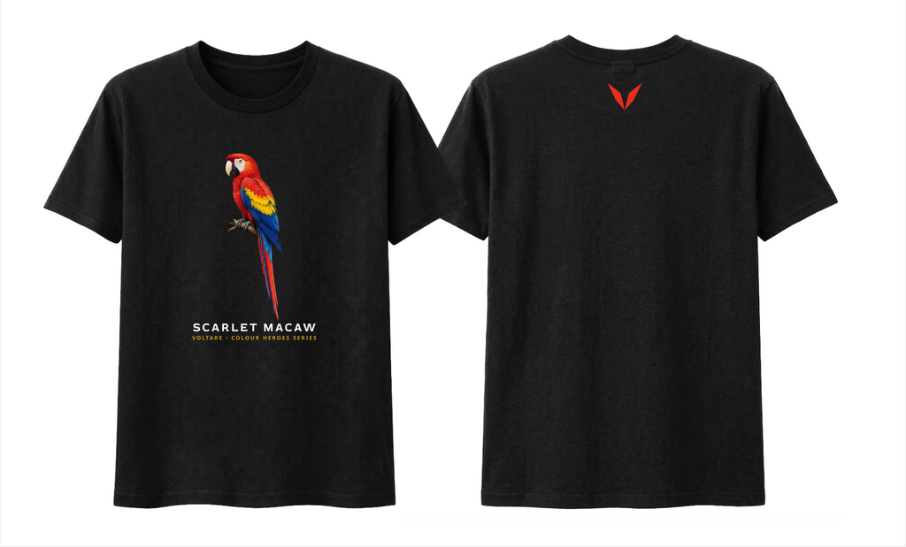 Front and back preview of the black Voltare Scarlet Macaw Colour Heroes Worldwide T-shirt, with macaw artwork on the front and a red Voltare V on the back.