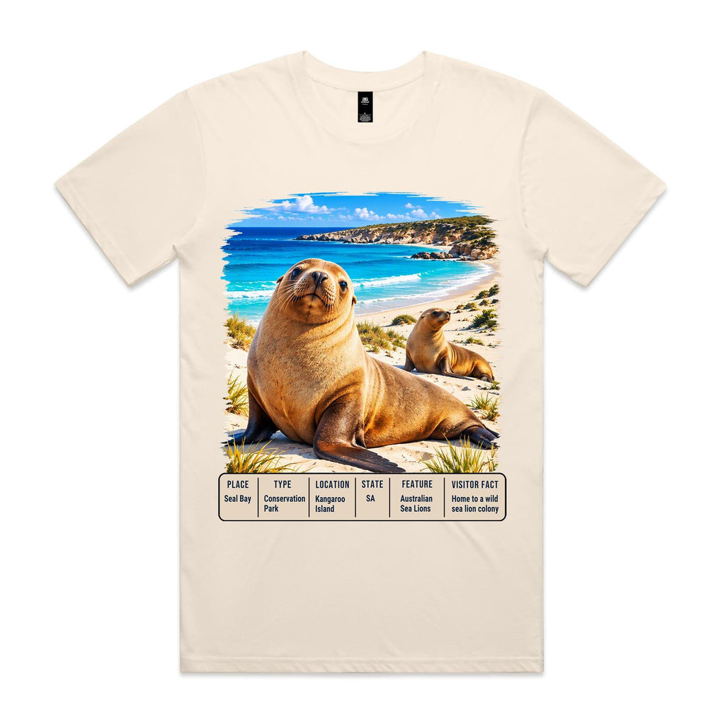 Front of Voltare Ecru Seal Bay T-shirt featuring two Australian sea lions, a coastal scene and a Kangaroo Island fact panel.