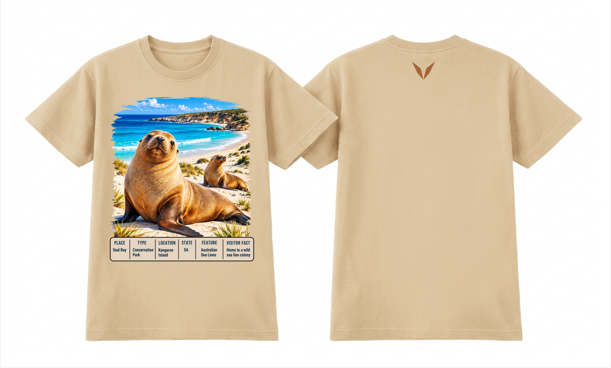 Combined front and back preview of Voltare Seal Bay T-shirt with Australian sea lion artwork, a fact panel and brown Voltare V.
