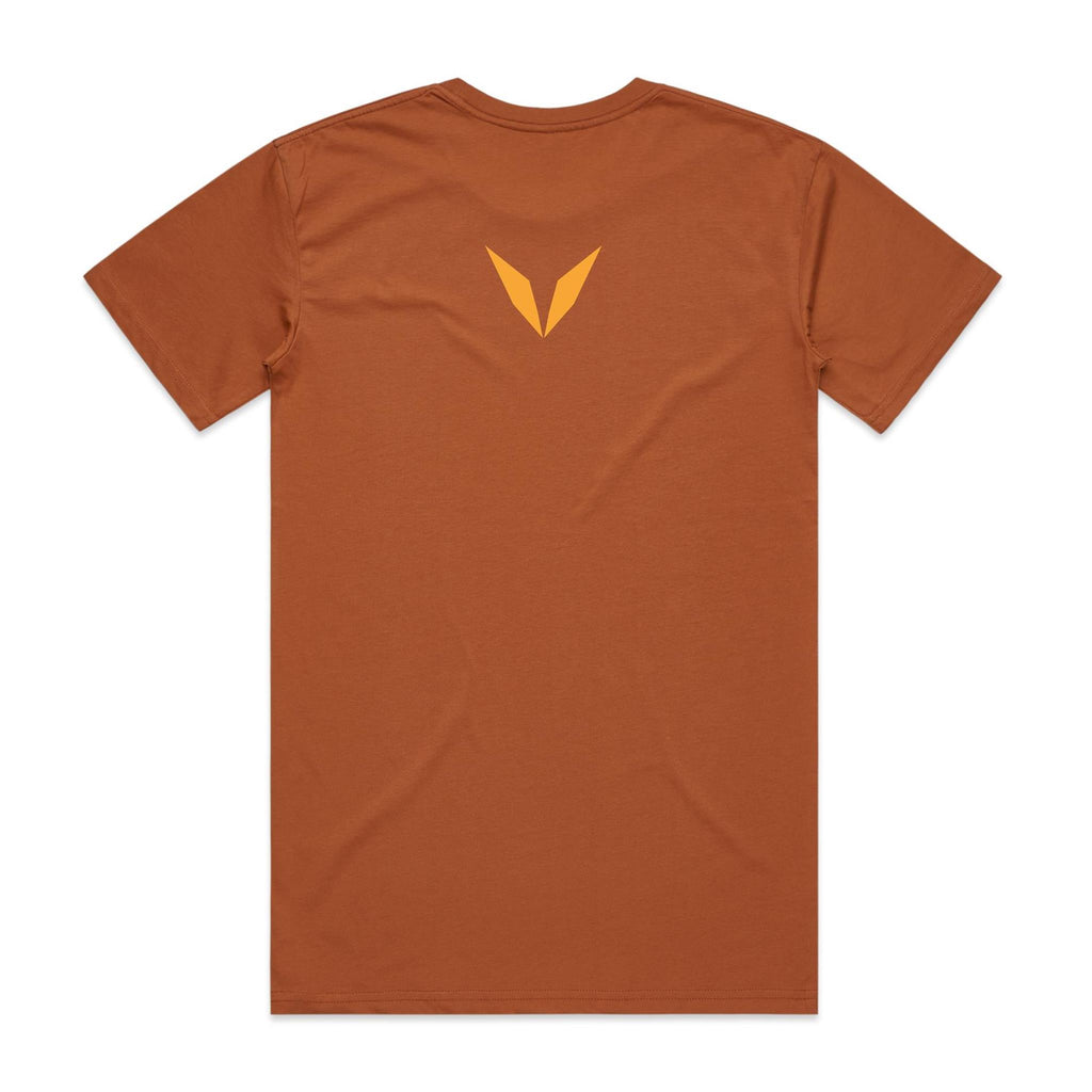 Back of the Copper Voltare Shaolin Warrior tee with a golden-orange Voltare V high on the back