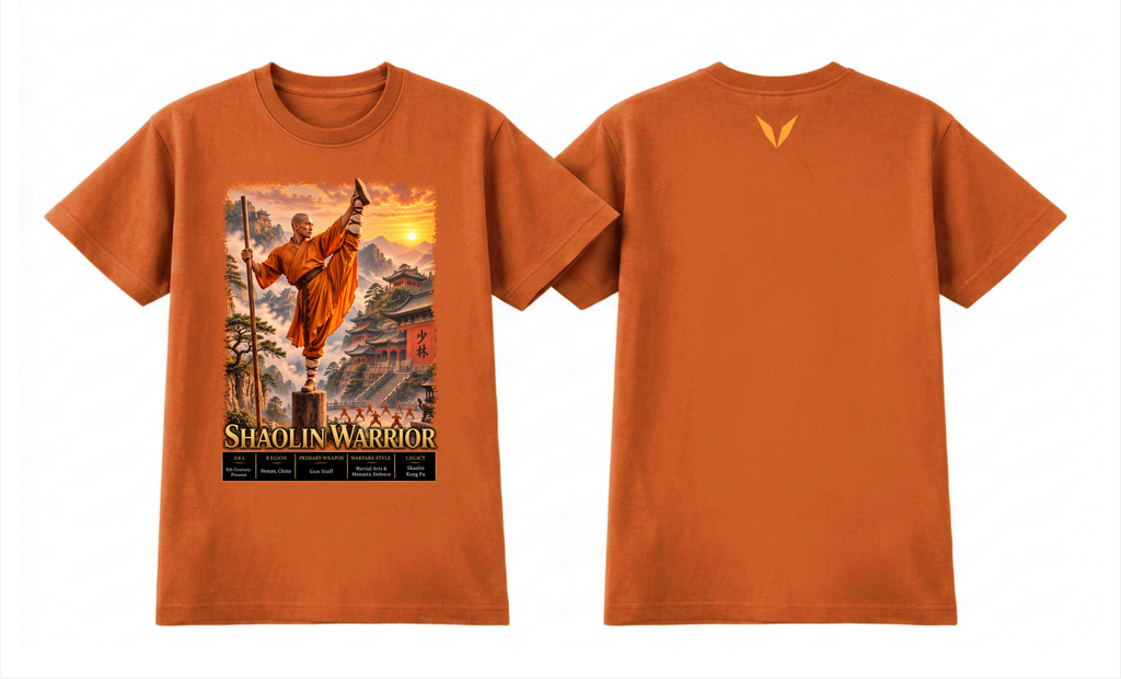 Front and back preview of the Voltare Shaolin Warrior tee with martial arts artwork, mountain temples and a golden-orange back V on an orange-toned garment

