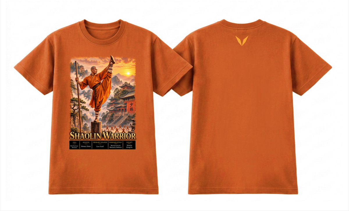 Front and back preview of the Voltare Shaolin Warrior tee with martial arts artwork, mountain temples and a golden-orange back V on an orange-toned garment

