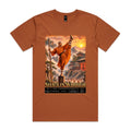 Copper Voltare Shaolin Warrior tee featuring an orange-robed martial artist with a staff, mountain temples, sunset scenery and historical fact panels