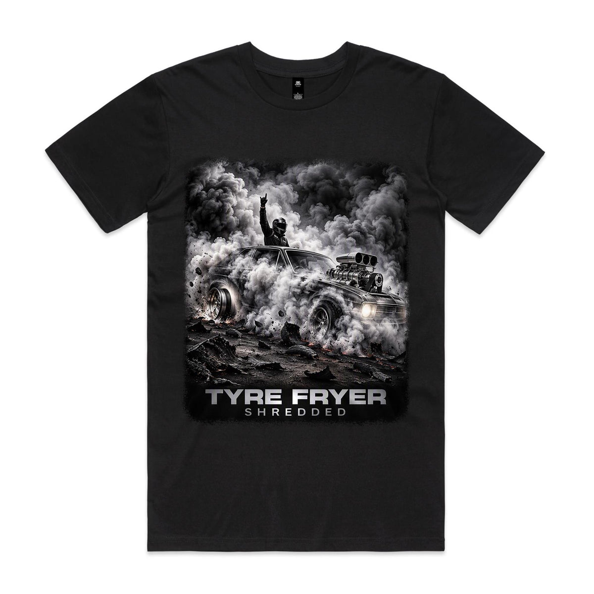 Front of Voltare Shredded Tyre Fryer black tee with supercharged muscle car, tyre smoke and monochrome burnout artwork