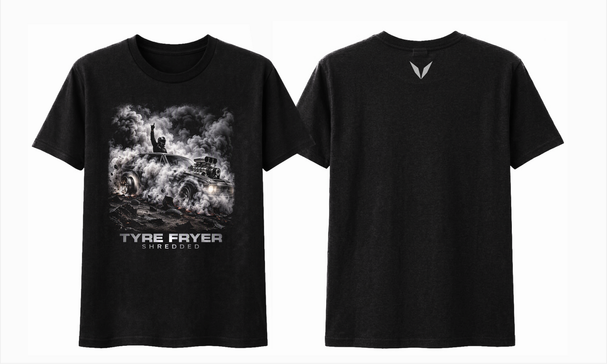 Front and back preview of Voltare Shredded Tyre Fryer black tee with muscle car burnout artwork and grey Voltare V logo