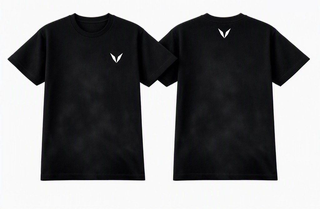 Front and back of Voltare Signature V black graphic tee showing white Voltare V logos on the left chest and upper back
