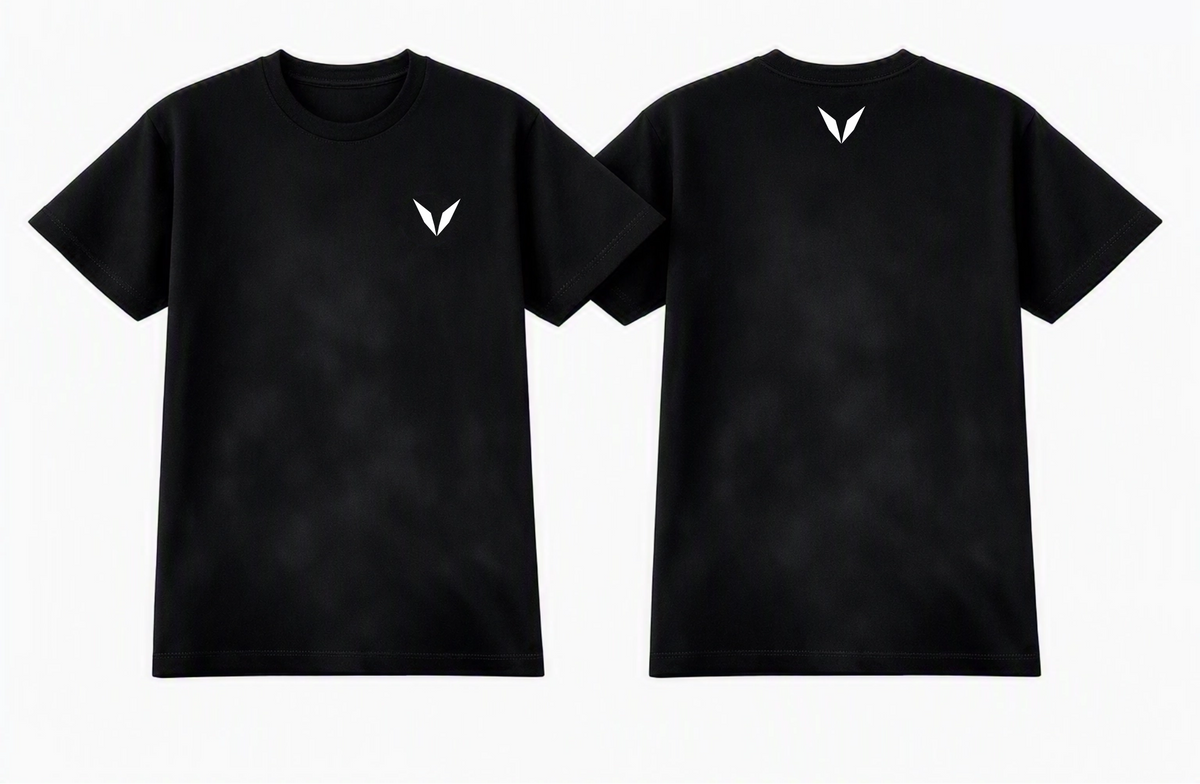 Front and back of Voltare Signature V black graphic tee showing white Voltare V logos on the left chest and upper back