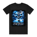 Front of Voltare Skull of Smoke black tee with blue-eyed smoke skull above a car and distressed TYRE FRYER lettering